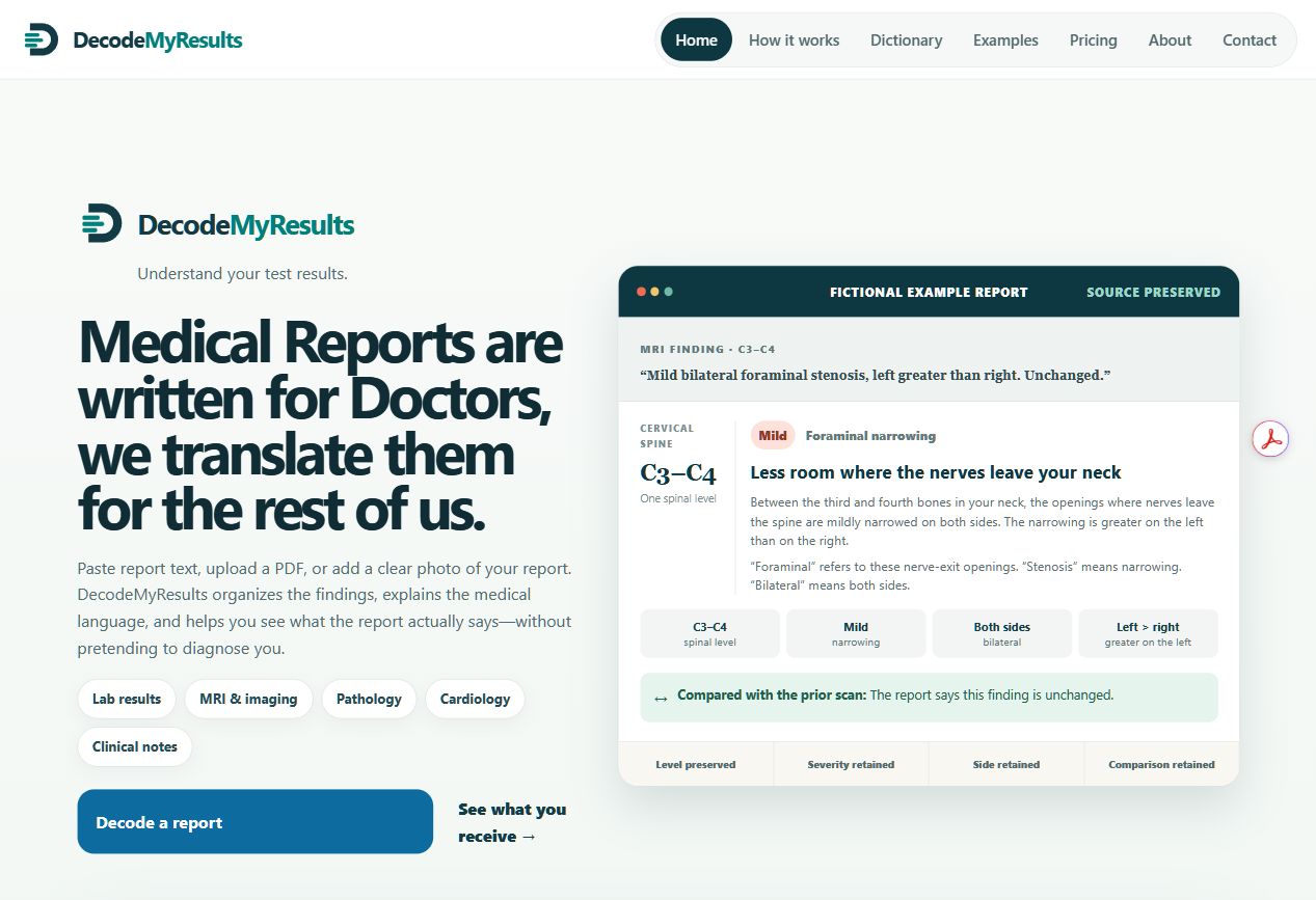 Actual DecodeMyResults interface showing a fictional report, plain-language explanation and preserved source details